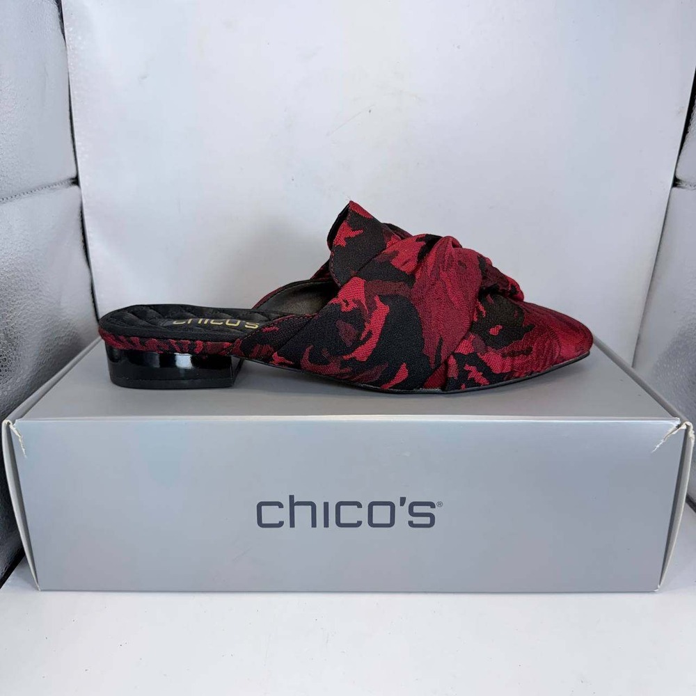 Chicos Kyla Rose Jacquard Mules Size 8.5 Red Black Floral Knotted Slip On Shoes